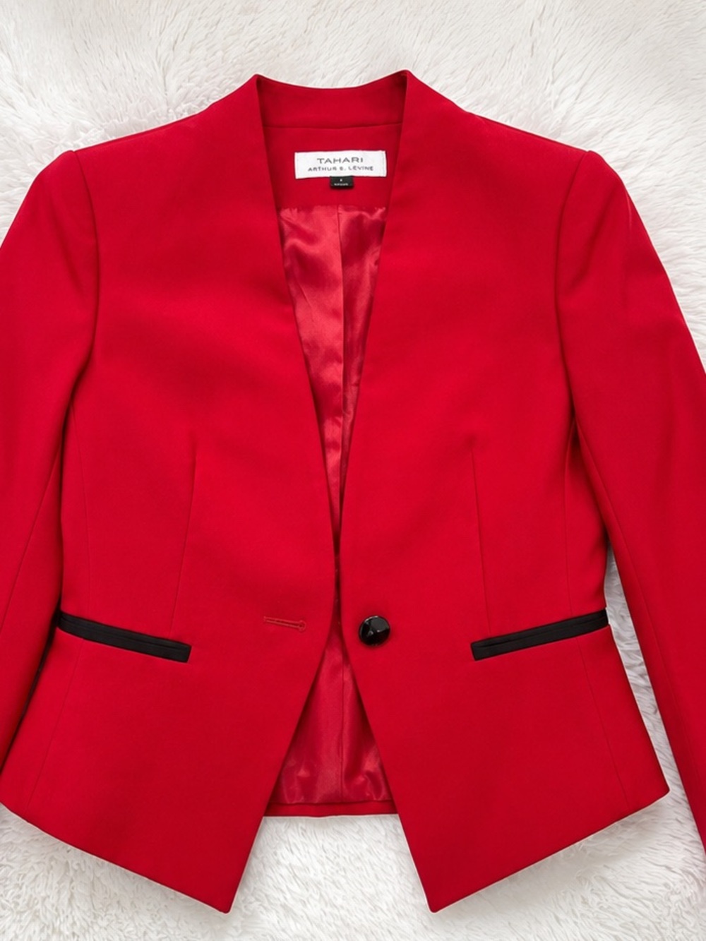 Tahari Red Women's Single-Button Notchless Blazer with Black Trim